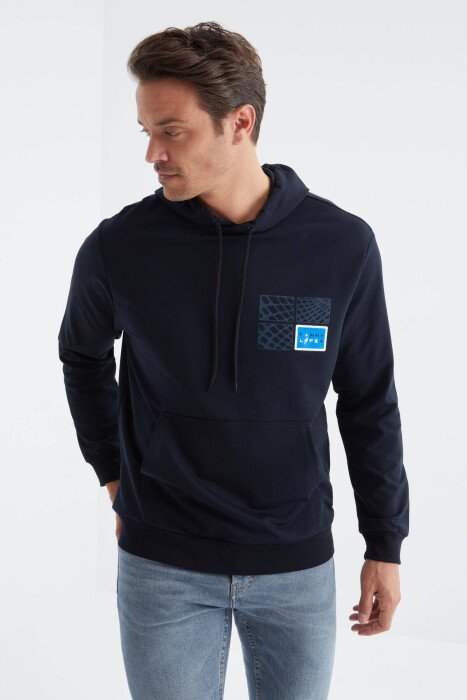 SQUARE LITTLE WRITTINGS COTTON MEN HOODIE DARK BLUE/BEE - KLAUDIO FASHION