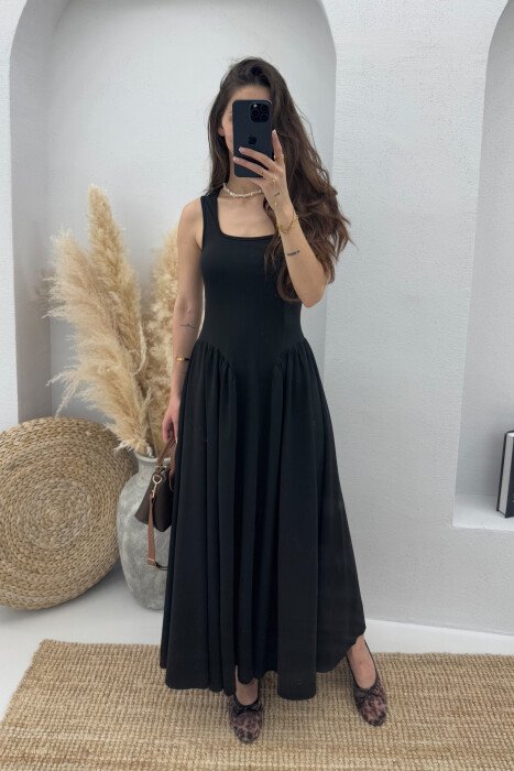 SQUARE NECK LONG ELASTIC WOMEN DRESS BLACK/ E ZEZE - KLAUDIO FASHION