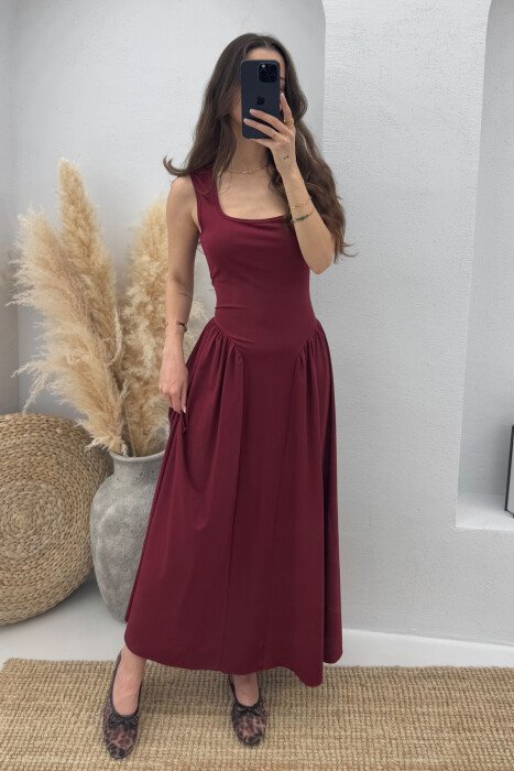 SQUARE NECK LONG ELASTIC WOMEN DRESS BURGUNDY/VISHNJE - KLAUDIO FASHION