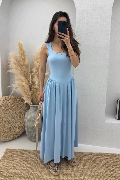 SQUARE NECK LONG ELASTIC WOMEN DRESS LIGHTBLUE/BZ - KLAUDIO FASHION