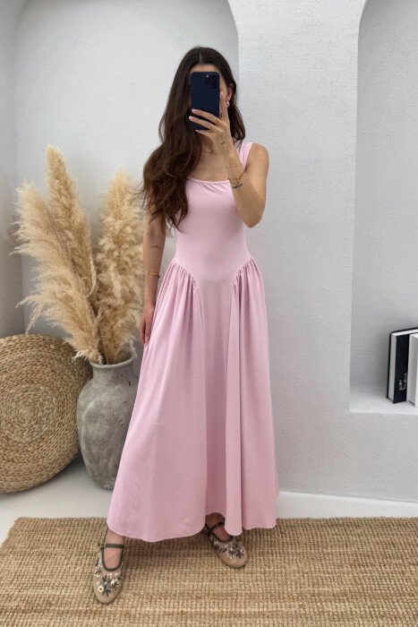 SQUARE NECK LONG ELASTIC WOMEN DRESS PINK/ROZE - KLAUDIO FASHION