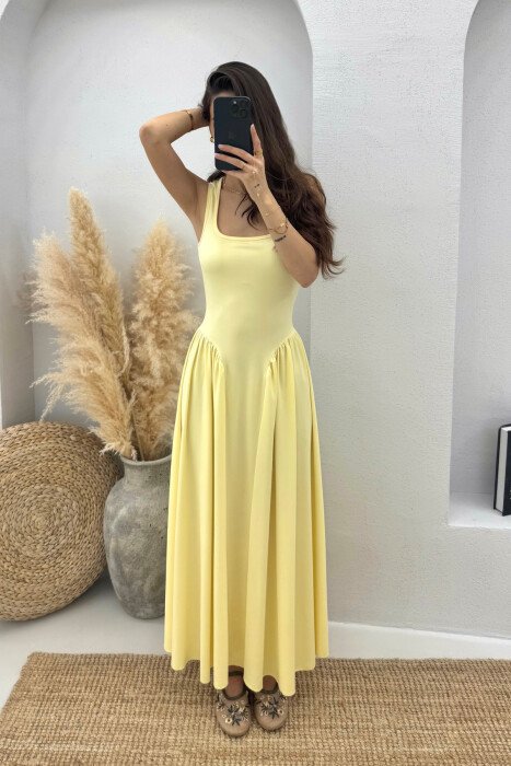 SQUARE NECK LONG ELASTIC WOMEN DRESS YELLOW/E VERDHE - KLAUDIO FASHION