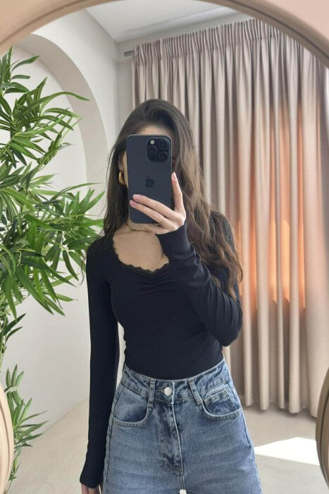 SQUARE NECK ONE COLOR SIMPLE WOMEN SWEATSHIRT BLACK/ E ZEZE - 1