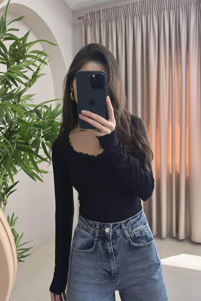 SQUARE NECK ONE COLOR SIMPLE WOMEN SWEATSHIRT BLACK/ E ZEZE - 2