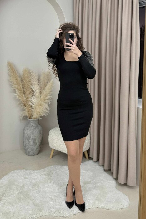 SQUARE NECK SHINY STONES WOMEN DRESS BLACK/ E ZEZE - 2