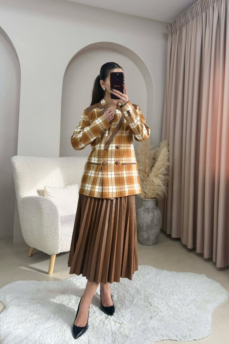 SQUARED DESIGN JACKET+SKIRT WOMEN SET BROWN/KAFE - 2