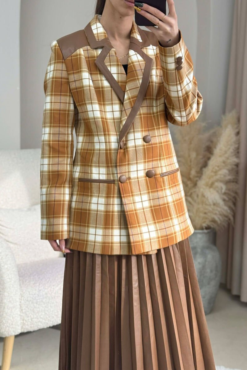 SQUARED DESIGN JACKET+SKIRT WOMEN SET BROWN/KAFE - 4