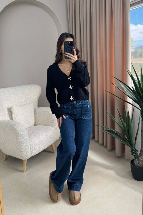 STARFISH BUTTONS SIMPLE WOMEN CARDIGAN BLACK/ E ZEZE 