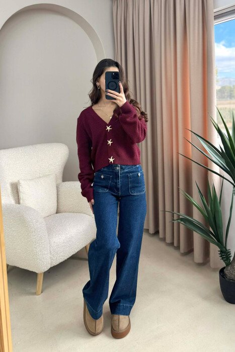 STARFISH BUTTONS SIMPLE WOMEN CARDIGAN BURGUNDY/VISHNJE 