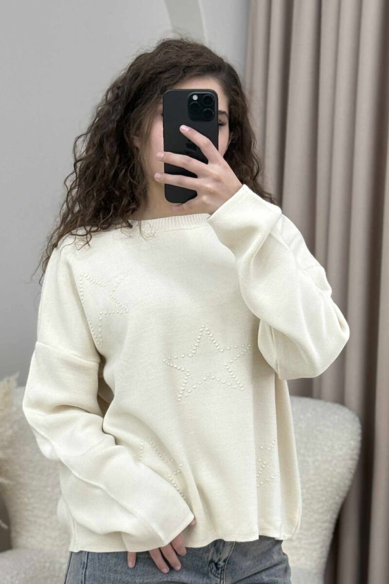 STARS DESIGN ONE COLOR WOMEN SWEATER CREAM/KREM - 3