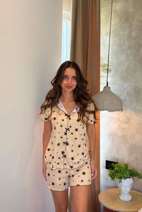 STARS DETAILS SHIRT +SHORTS WOMAN PYJAMAS BEIGE/BEZHE - KLAUDIO FASHION