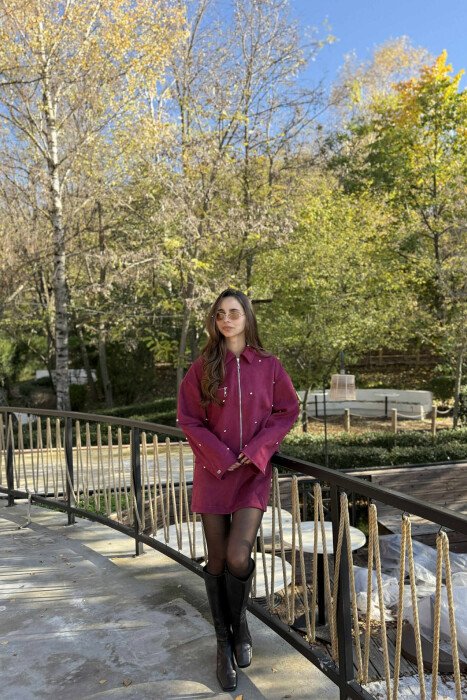 SET XHAKETË ME DETAJE GURËSH+FUND PËR FEMRA NË NGJYRË VISHNJË - KLAUDIO FASHION