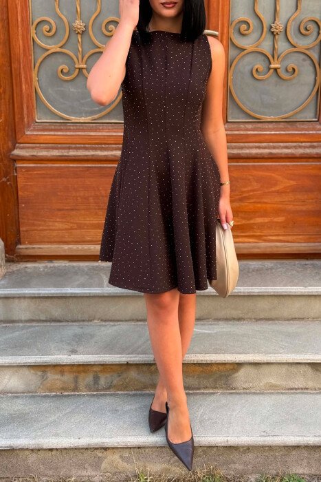 STONES DETAILS ONE COLOR WOMAN DRESS BROWN/KAFE - 6