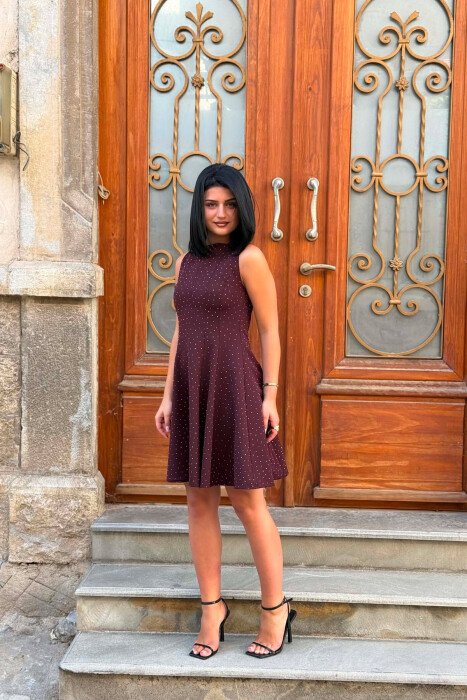 STONES DETAILS ONE COLOR WOMAN DRESS BURGUNDY/VISHNJE - 2