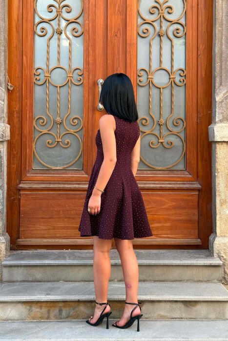 STONES DETAILS ONE COLOR WOMAN DRESS BURGUNDY/VISHNJE - 3