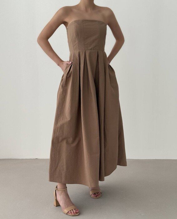 STRAPLESS ONE COLOR LONG WOMEN DRESS BEIGE/BEZHE - 6