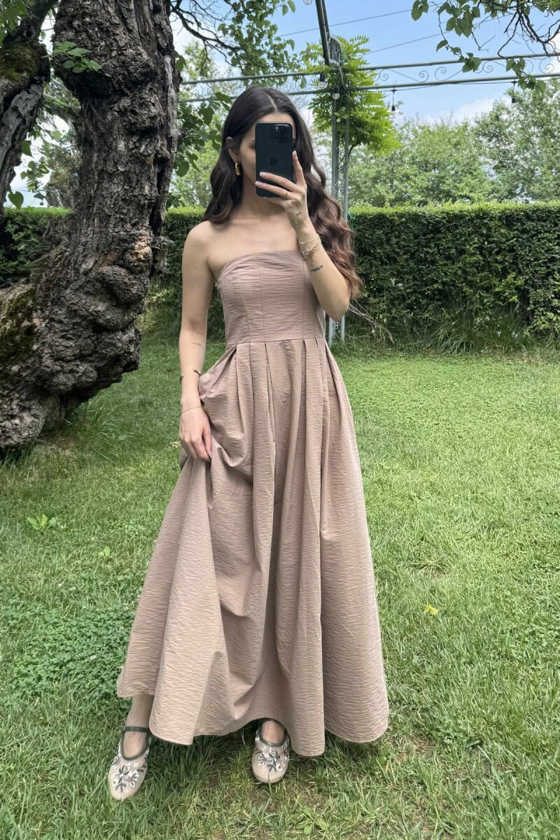 STRAPLESS ONE COLOR LONG WOMEN DRESS BEIGE/BEZHE - 1