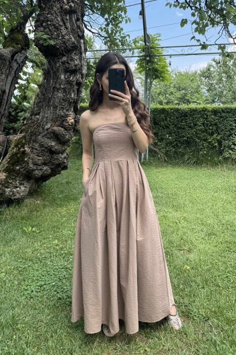 STRAPLESS ONE COLOR LONG WOMEN DRESS BEIGE/BEZHE - 2