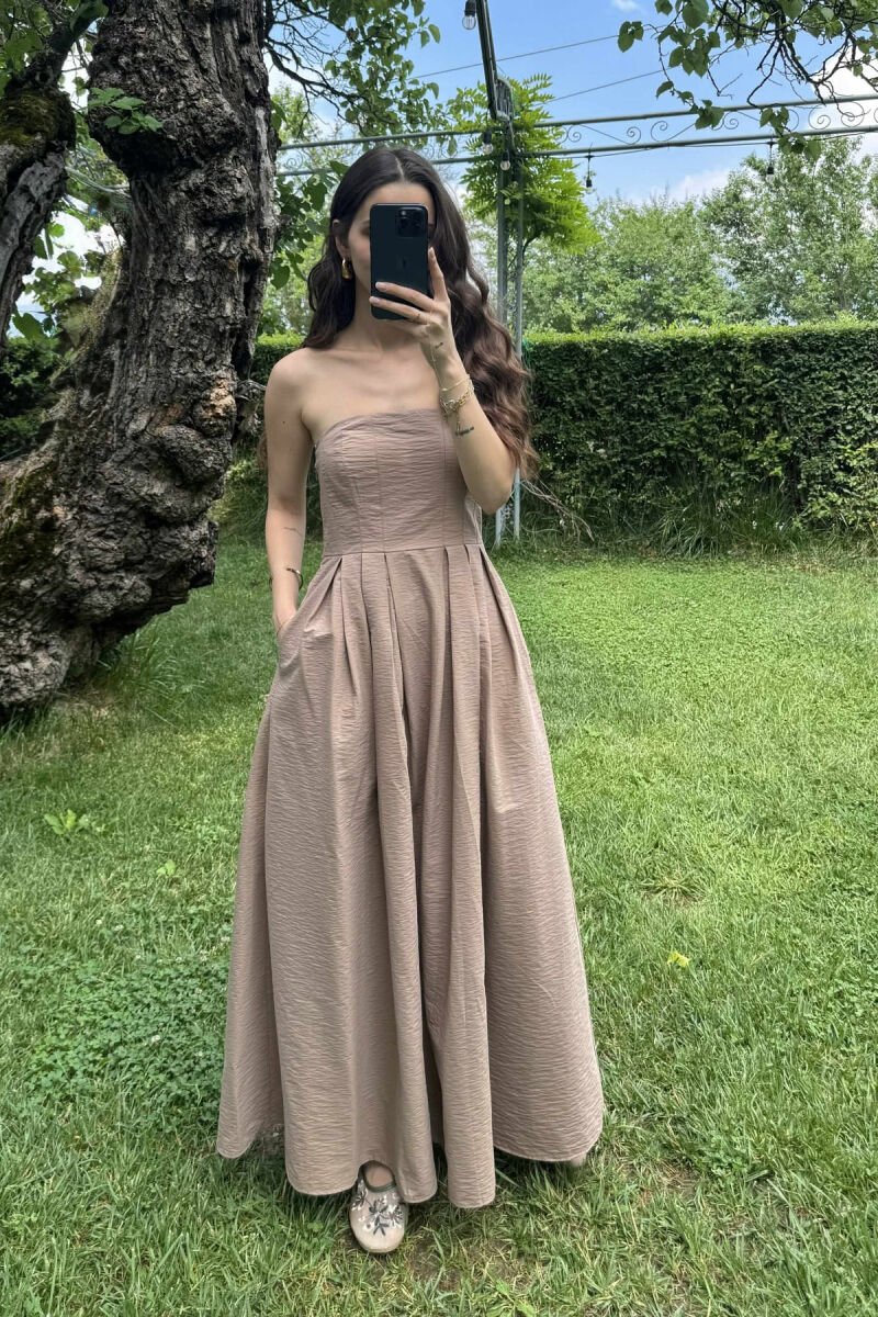 STRAPLESS ONE COLOR LONG WOMEN DRESS BEIGE/BEZHE - 3