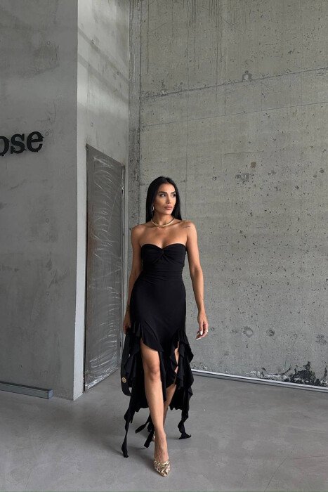 STRAPLESS ONE COLOR LONG WOMEN DRESS BLACK/ E ZEZE - KLAUDIO FASHION