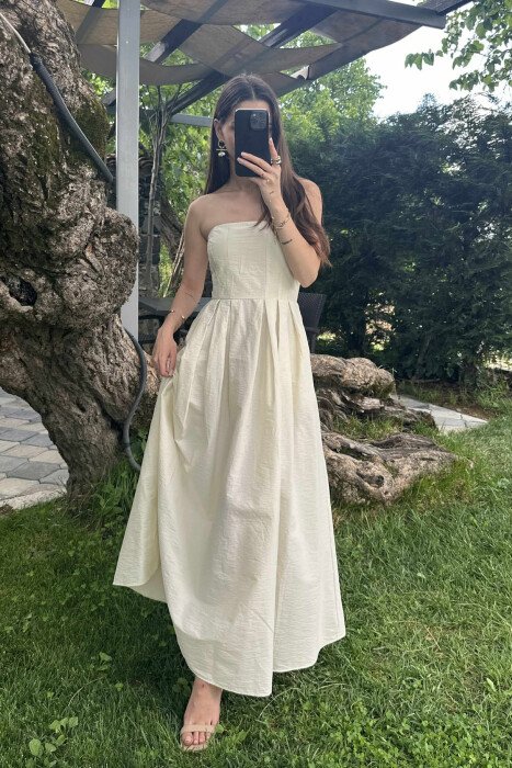 STRAPLESS ONE COLOR LONG WOMEN DRESS CREAM/KREM 