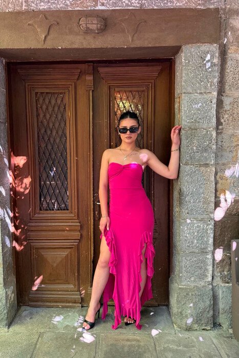 STRAPLESS ONE COLOR LONG WOMEN DRESS FUCHSIA/CIKLAMI - KLAUDIO FASHION