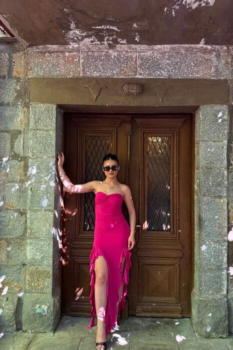 STRAPLESS ONE COLOR LONG WOMEN DRESS FUCHSIA/CIKLAMI - 2