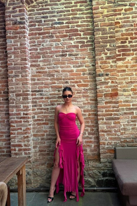 STRAPLESS ONE COLOR LONG WOMEN DRESS FUCHSIA/CIKLAMI - 3