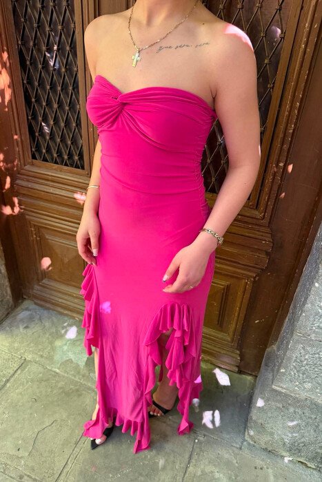 STRAPLESS ONE COLOR LONG WOMEN DRESS FUCHSIA/CIKLAMI - 5
