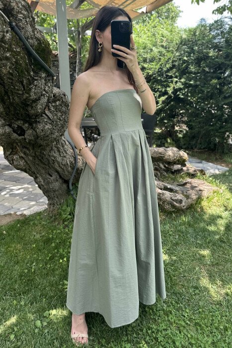 STRAPLESS ONE COLOR LONG WOMEN DRESS OLIVE/ULLI - 2
