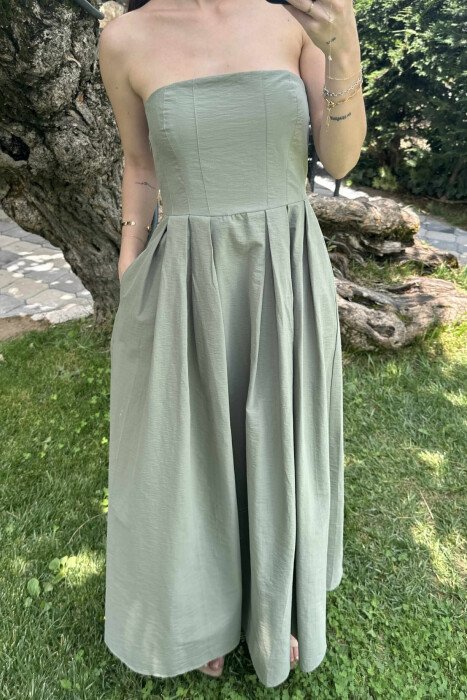 STRAPLESS ONE COLOR LONG WOMEN DRESS OLIVE/ULLI - 4