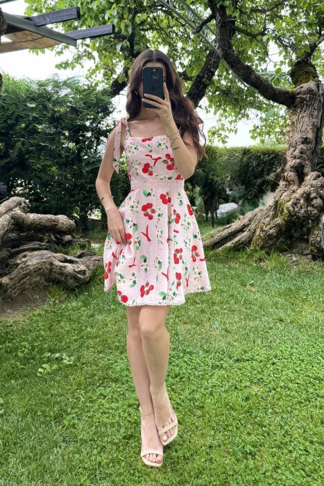STRAPS DESIGNED SHORT WOMEN DRESS PINK-RED/RO-KU - 1