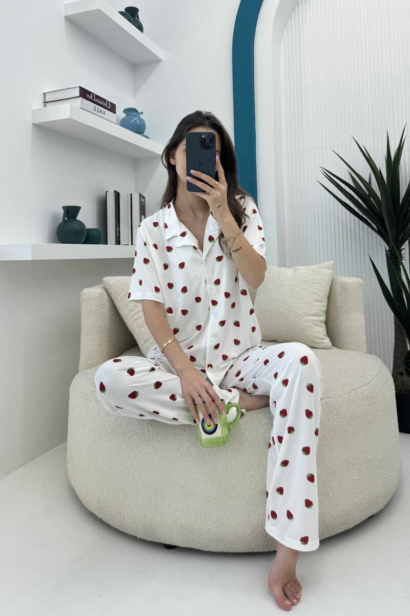 STRAWBERRY DESIGN SHIRT+TROUSERS WOMEN PYJAMAS WHITE-E BARDHE - 1