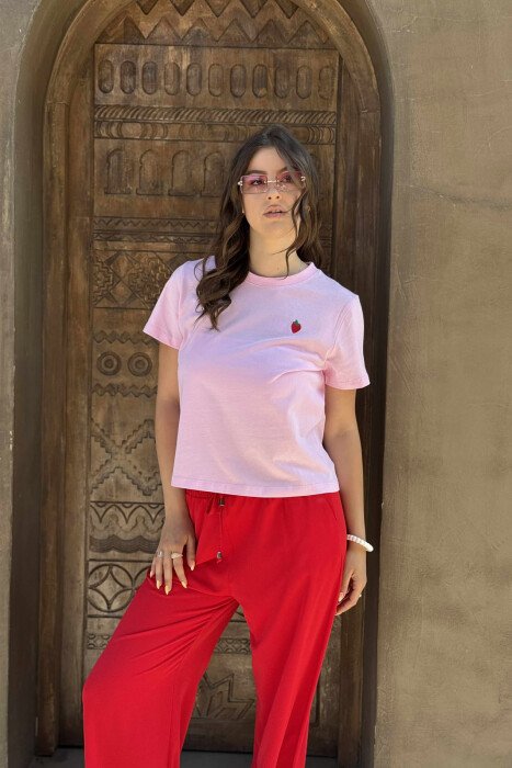 STRAWBERRY LOGO ONE COLOR WOMEN T-SHIRT PINK/ROZE - KLAUDIO FASHION