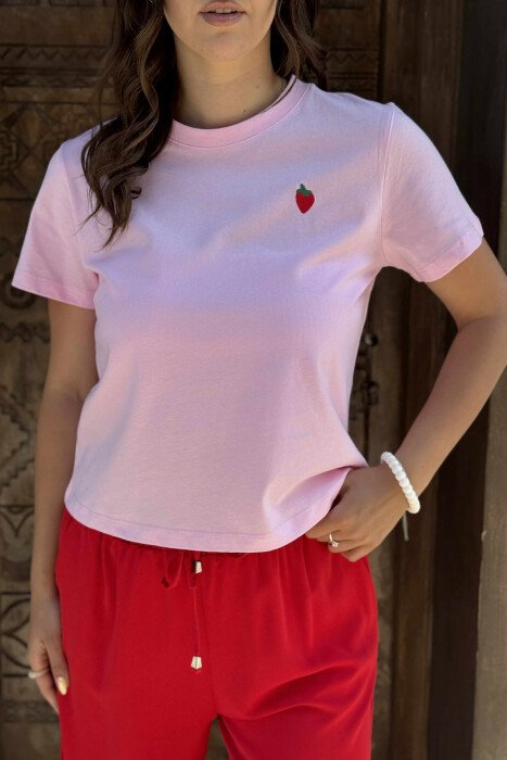 STRAWBERRY LOGO ONE COLOR WOMEN T-SHIRT PINK/ROZE - 2