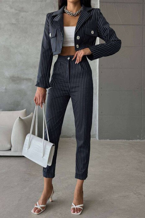 STRIPE CROPPED JACKET+TROUSERS WOMEN SET BLUE/BLU - KLAUDIO FASHION