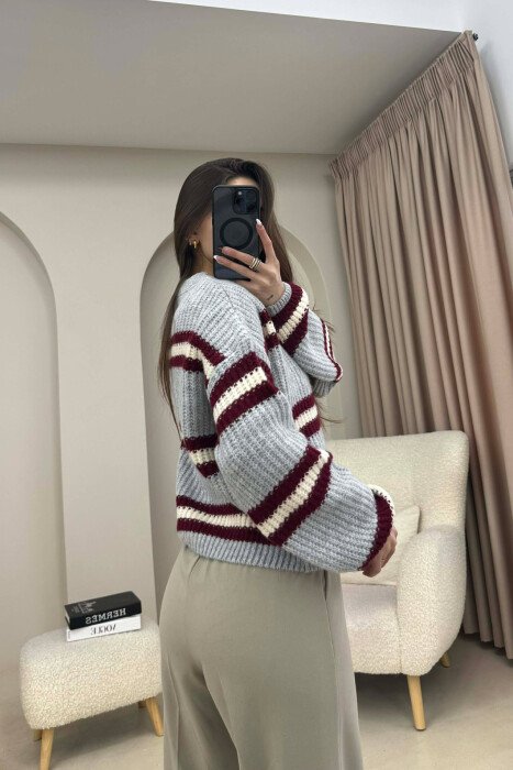 STRIPE CROPPED ROUND NECK WOMAN SWEATER LIGHT GREY/GZ - 2