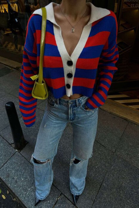 STRIPE CROPPED WOMEN CARDIGAN BLUE/ORANGE-BLPO - 2