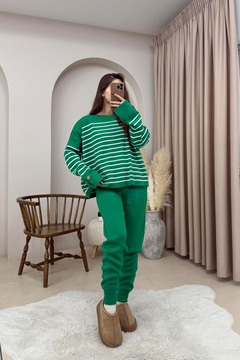 STRIPE DESIGN BUTTON DETAIL SWEATER+TROUSERS KNIT WOMEN SET GREEN/JESHILE - 1
