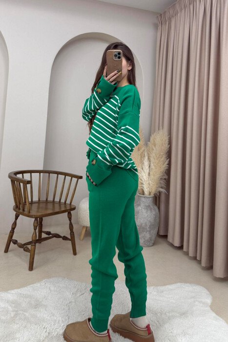 STRIPE DESIGN BUTTON DETAIL SWEATER+TROUSERS KNIT WOMEN SET GREEN/JESHILE - 2