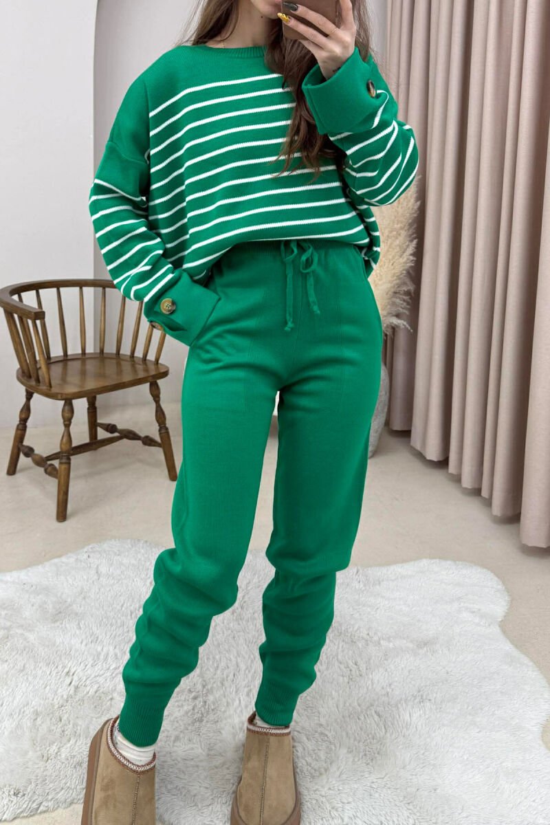 STRIPE DESIGN BUTTON DETAIL SWEATER+TROUSERS KNIT WOMEN SET GREEN/JESHILE - 3
