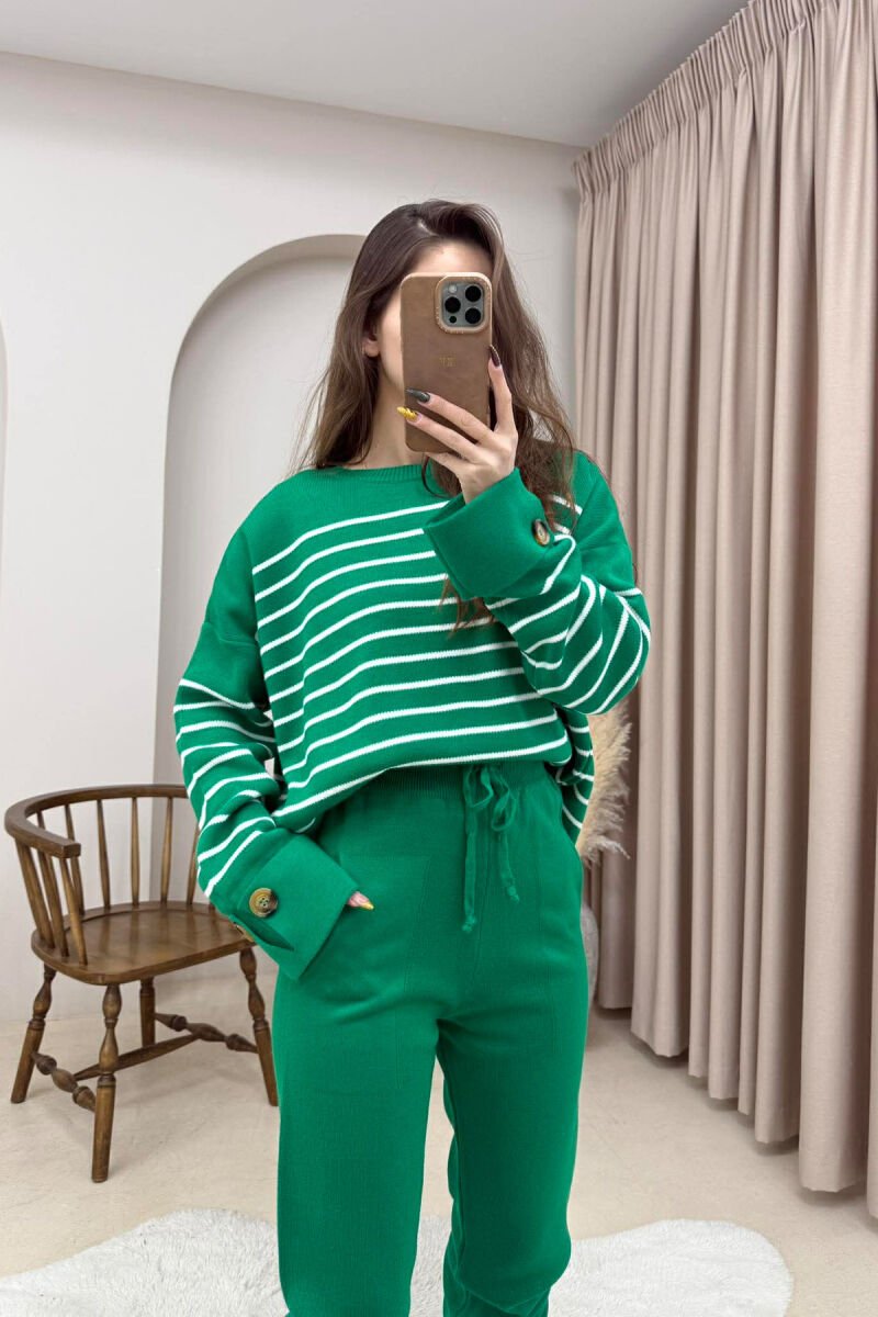 STRIPE DESIGN BUTTON DETAIL SWEATER+TROUSERS KNIT WOMEN SET GREEN/JESHILE - 4