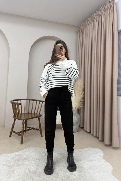 STRIPE DESIGN BUTTON DETAIL SWEATER+TROUSERS KNIT WOMEN SET WHITE-E BARDHE - 2