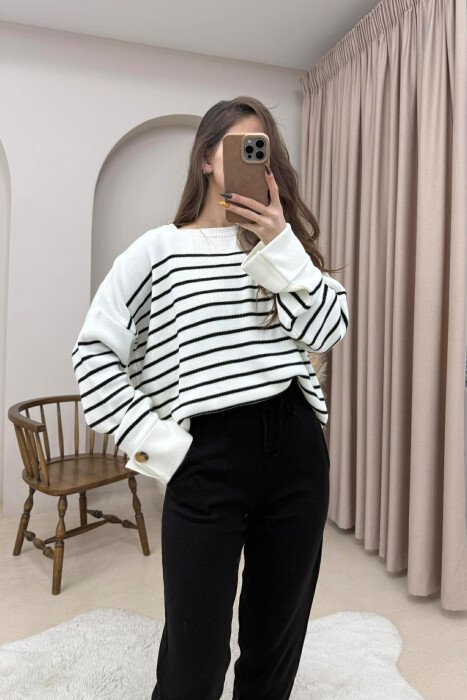 STRIPE DESIGN BUTTON DETAIL SWEATER+TROUSERS KNIT WOMEN SET WHITE-E BARDHE - 3