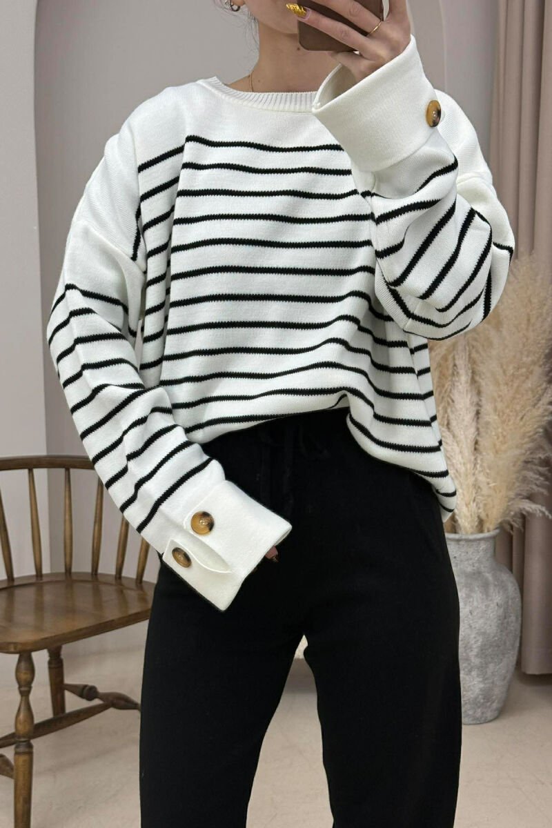 STRIPE DESIGN BUTTON DETAIL SWEATER+TROUSERS KNIT WOMEN SET WHITE-E BARDHE - 4