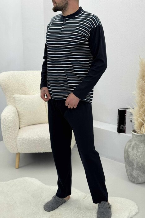 STRIPE DESIGN BUTTONED SWEATSHIRT+ SWEATPANTS MEN PYJAMAS DARK BLUE/BEE - 1