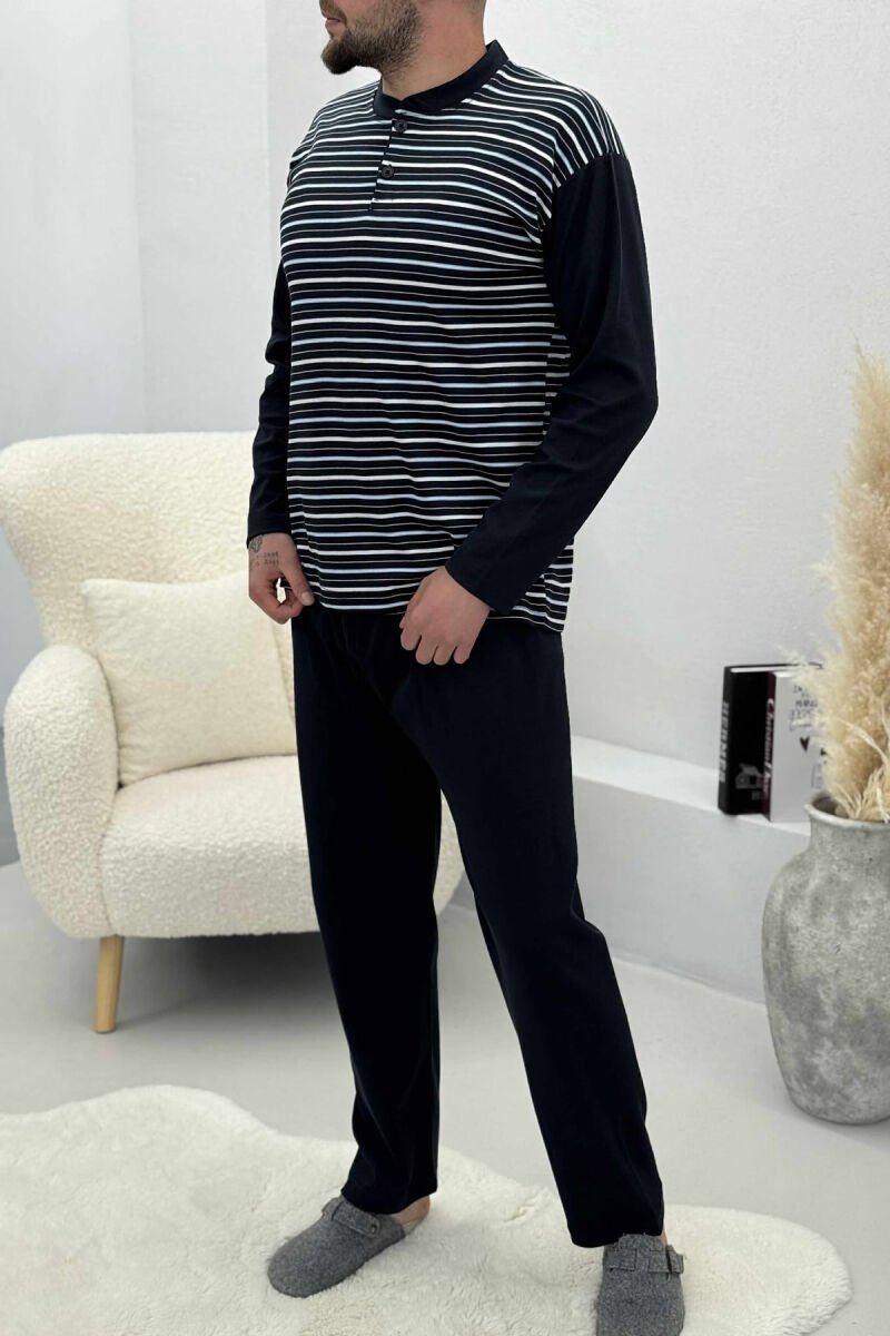 STRIPE DESIGN BUTTONED SWEATSHIRT+ SWEATPANTS MEN PYJAMAS DARK BLUE/BEE - 1