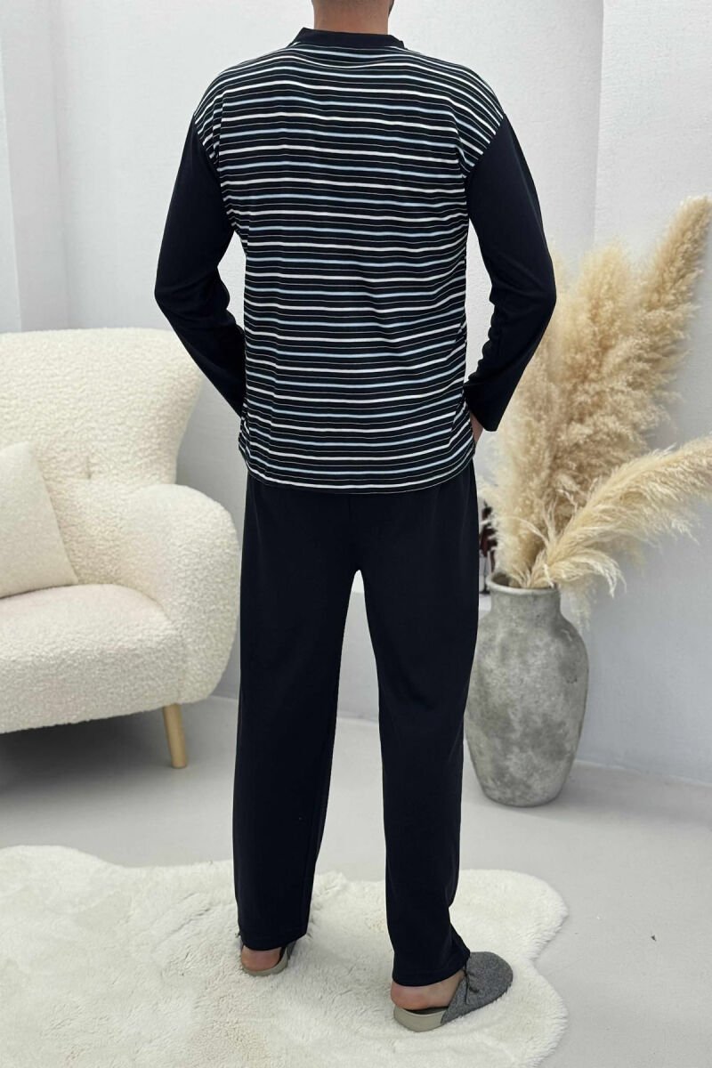 STRIPE DESIGN BUTTONED SWEATSHIRT+ SWEATPANTS MEN PYJAMAS DARK BLUE/BEE - 2