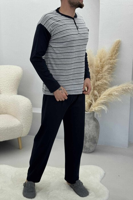 STRIPE DESIGN BUTTONED SWEATSHIRT+ SWEATPANTS MEN PYJAMAS GREY/GRI - 3