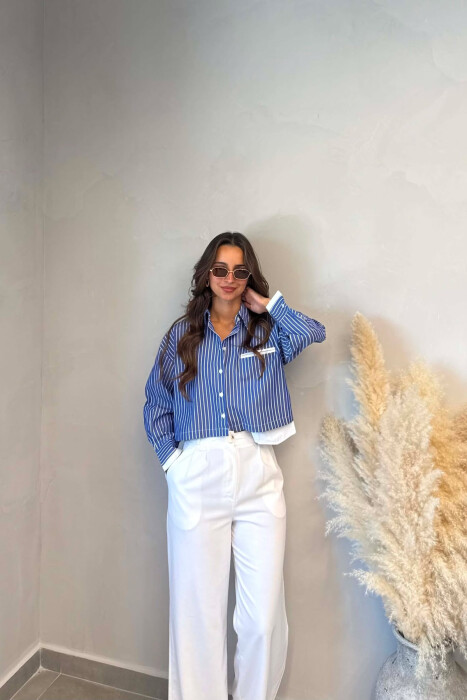 STRIPE DESIGN CROPPED WOMEN SHIRT BLUE/BLU - 3